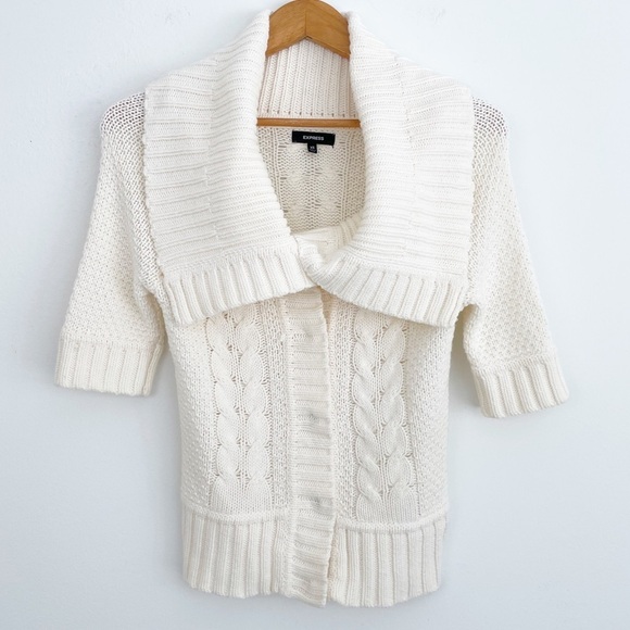 Express Sweaters - Express Cream Cowl Neck Cable Knit Short Sleeves Snap Button Sweater XS